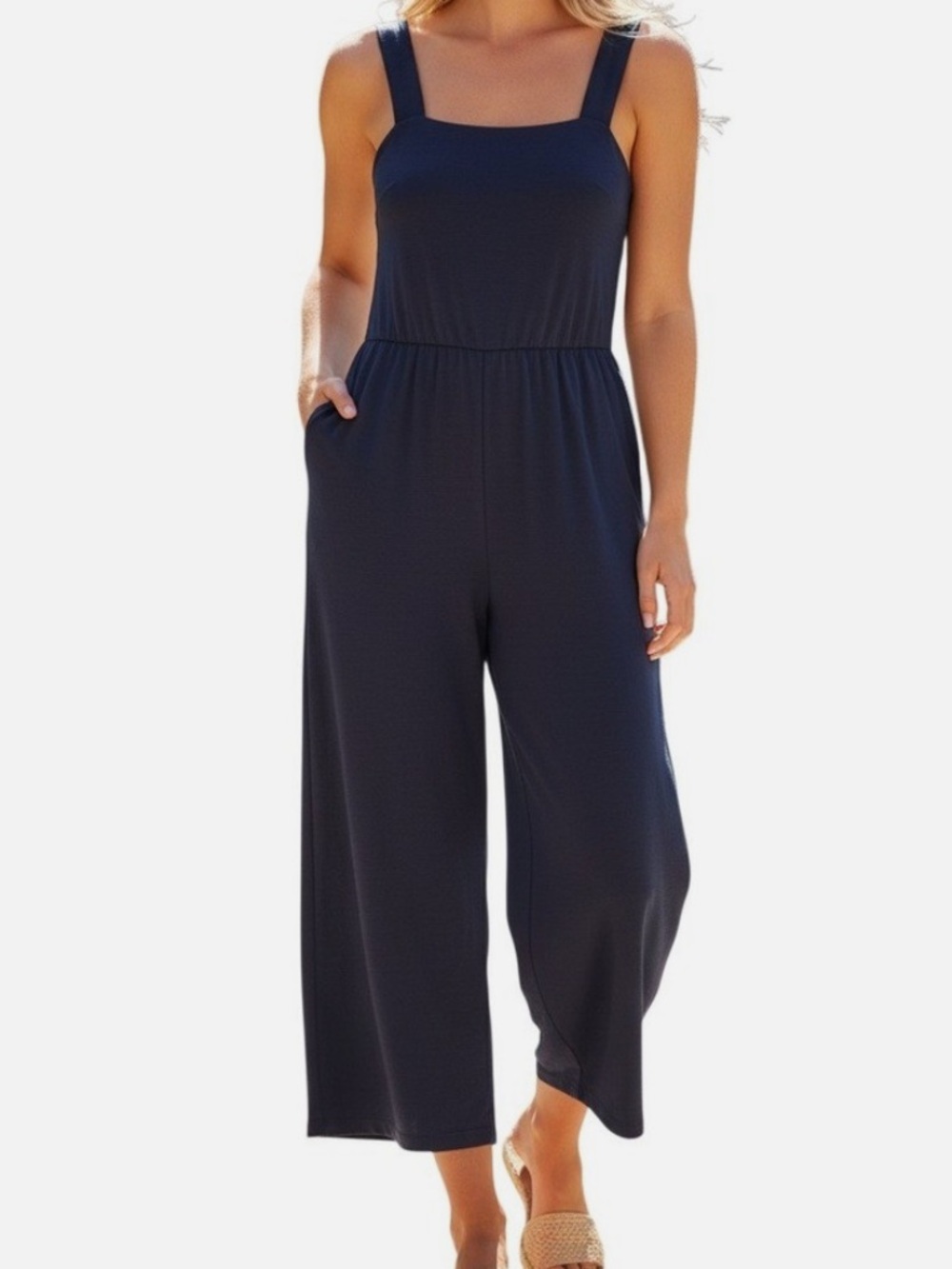 LOFT Navy Smocked Wide Leg Jumpsuit